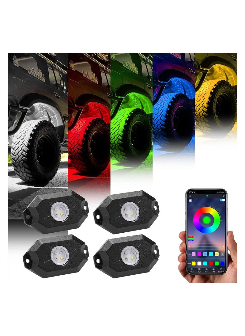 TBS DESIGN RGB LED Rock Lights Kit Auto Underglow Neon LED Light Bluetooth Timing Control, Music Mode Flashing, Waterproof RGB LED Lights for Car Jeep Truck SUV ATV Boat Motorcycle - 4 Pods  - Image 1