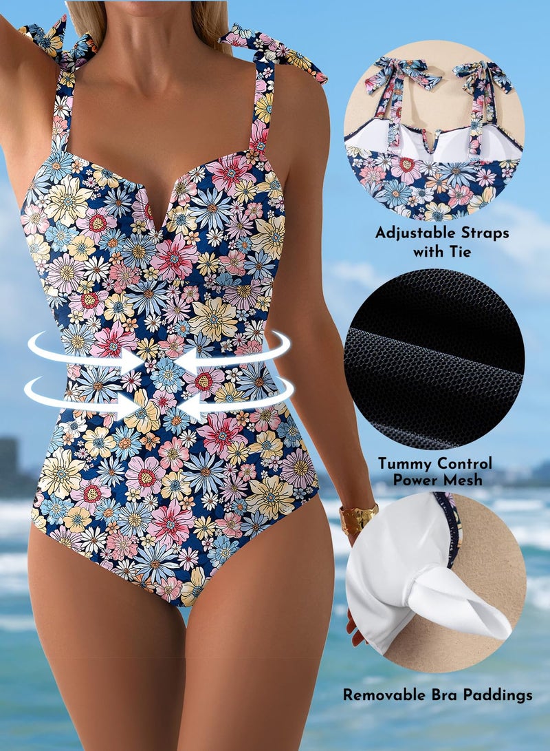 Aleumdr Tummy Control One Piece Swimsuit for Women 2026 Swimming Suit Print Floral Athletic Bathing Suits V Neck Adjustable Straps Swimwear Sky Blue Medium - Image 5