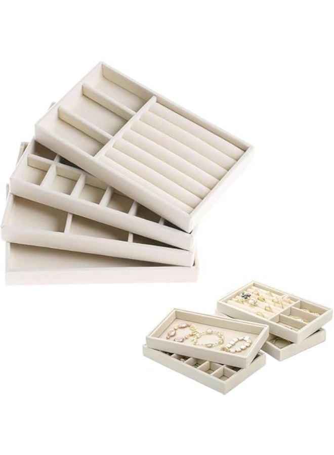 DUNISO 4 Pcs Velvet Jewelry Tray Set,Stackable Jewelry Organizer Trays, Removable Tray, Jewelry Display Organizer for Earrings, Rings, Necklace (Beige) - Image 1