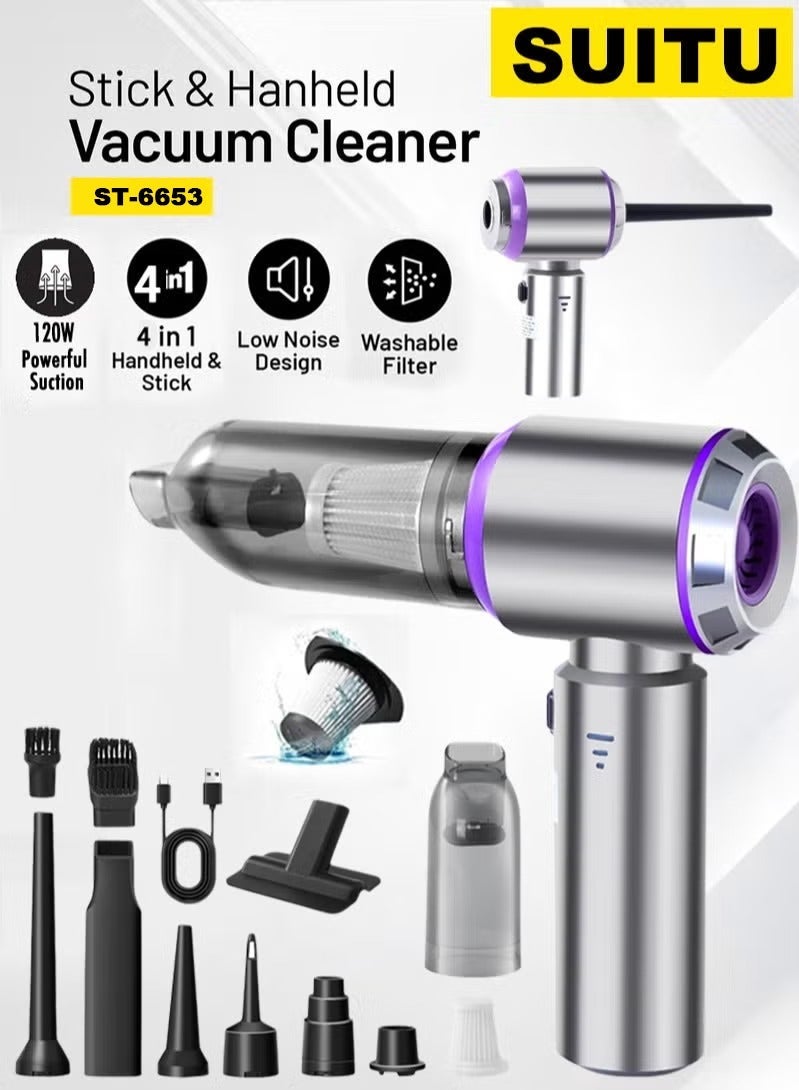 SUITU مكنسة سيارة لاسلكية، 4 في 1 مكنسة محمولة لاسلكية ومجفف هواء ومضخة، محرك بدون فرشاة بقوة شفط 15000Pa مكنسة صغيرة مع بطارية قابلة للشحن من نوع-C و7 ملحقات للسيارة، المنزل، المكتب، والتخييم - Image 1