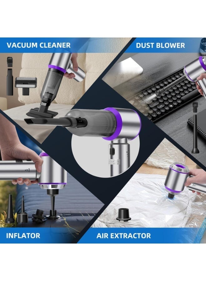 SUITU مكنسة سيارة لاسلكية، 4 في 1 مكنسة محمولة لاسلكية ومجفف هواء ومضخة، محرك بدون فرشاة بقوة شفط 15000Pa مكنسة صغيرة مع بطارية قابلة للشحن من نوع-C و7 ملحقات للسيارة، المنزل، المكتب، والتخييم - Image 4