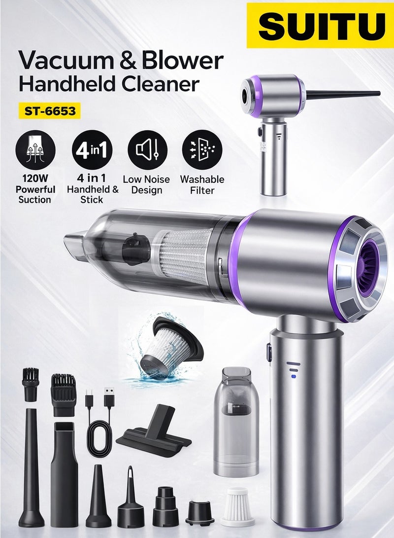 SUITU Car Vacuum Cleaner Cordless, 4-in-1 Wireless Handheld Vacuum & Air Duster & Pump, 15000Pa Brushless Motor Mini Vacuum with Type-C Rechargeable Battery & 7 Accessories for Car, Home, Office, Camping - Image 1