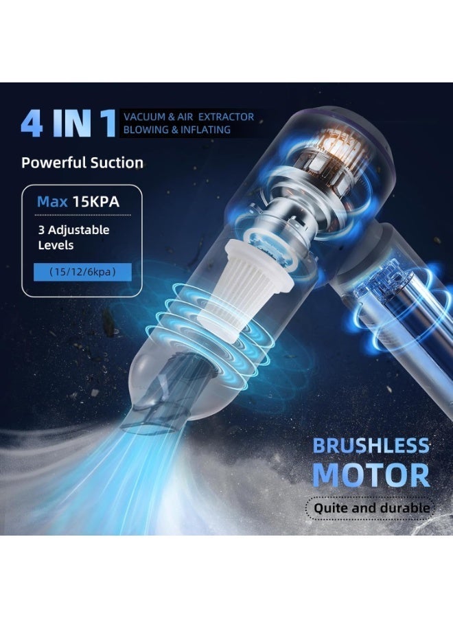 SUITU Car Vacuum Cleaner Cordless, 4-in-1 Wireless Handheld Vacuum & Air Duster & Pump, 15000Pa Brushless Motor Mini Vacuum with Type-C Rechargeable Battery & 7 Accessories for Car, Home, Office, Camping - Image 3