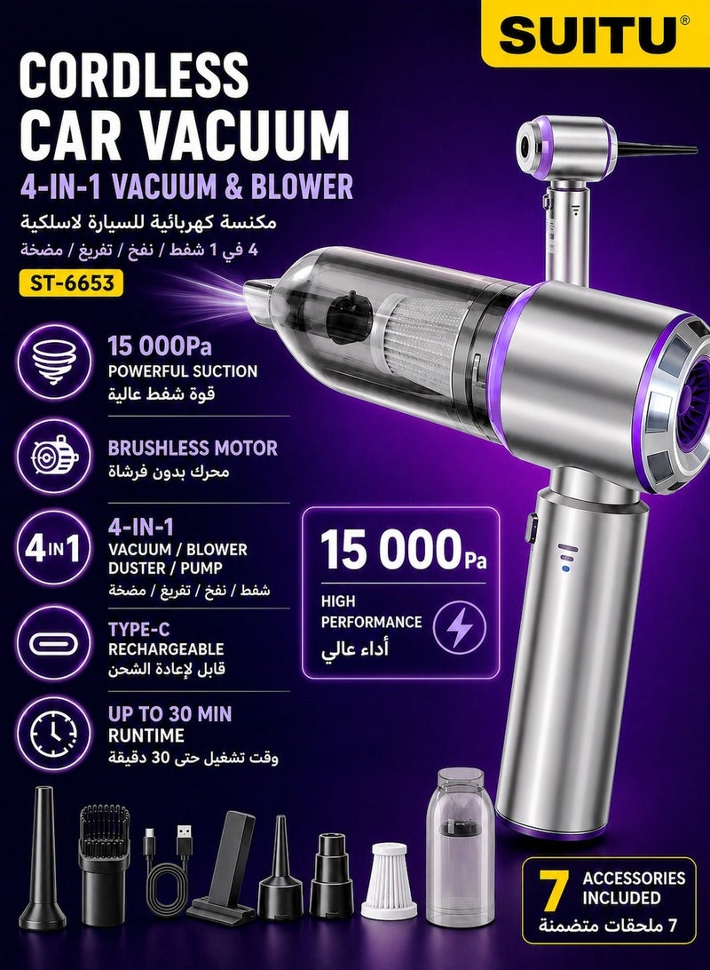 SUITU Car Vacuum Cleaner Cordless, 4-in-1 Wireless Handheld Vacuum & Air Duster & Pump, 15000Pa Brushless Motor Mini Vacuum with Type-C Rechargeable Battery & 7 Accessories for Car, Home, Office, Camping - Image 1