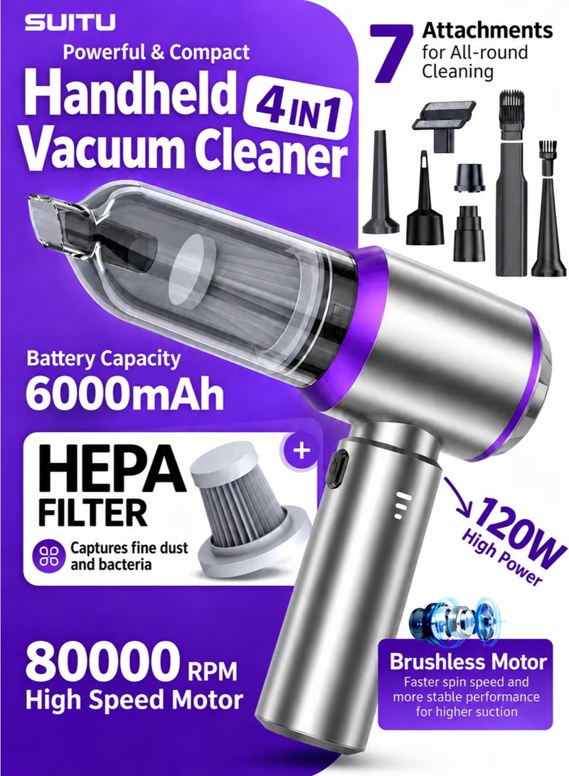 SUITU 4-in-1 Cordless Car Vacuum Cleaner, 15000Pa Brushless Handheld Vacuum with 3 Suction Levels, Air Duster & Inflator, 6000mAh Battery, Type-C Charging, 7 Accessories - Image 1