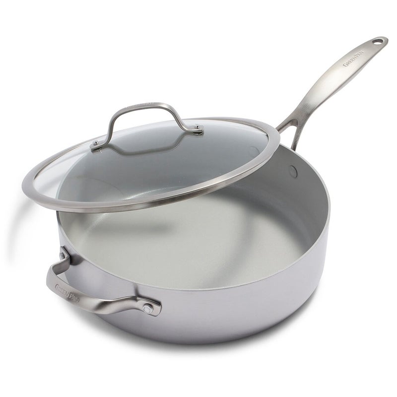 Greenpan GreenPan Venice Pro TriPly Stainless Steel Healthy Ceramic Nonstick 5QT Saute Pan Jumbo Cooker with Helper Handle and Lid PFASFree Multi Clad Induction Dishwasher Safe Oven Safe Silver 
