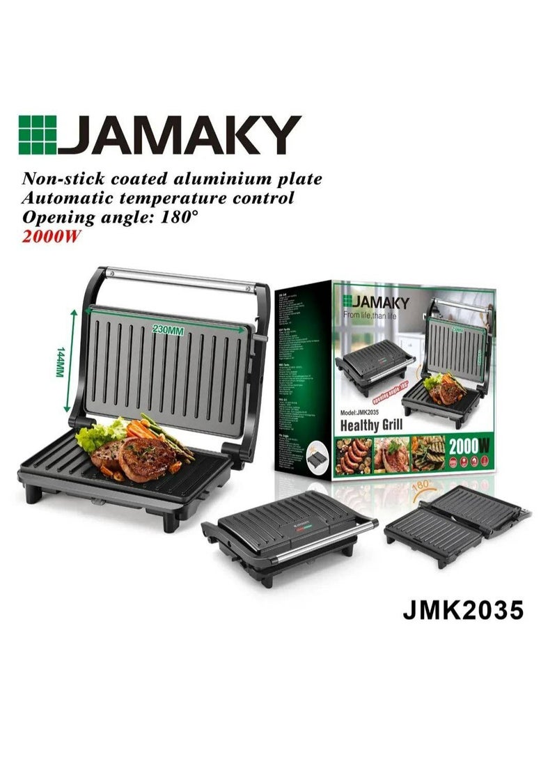 Jamaky Italy شواية كهربائية بتقنية إيطالية من جامكي لوجبات شواء شهية وصحية بقوة 2000واط  تتميز بطبقة غير لاصقة هيكل مزيج من الستانلس والبلاستيك JMK2035- اسود