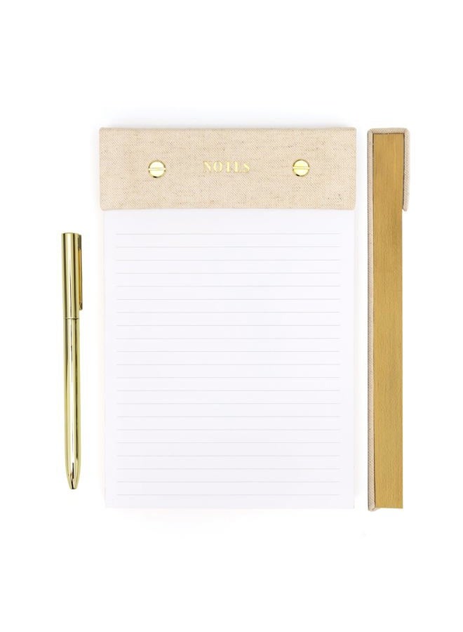 ELYN Lined Notepad, Aesthetic Linen Memo Pad With Matching Gold Gel Pen, 125 Sheets, 8.1 x 5.3 in - 100 GSM Premium Thick Paper, Perforated Pages & Hard Linen Backing, For Work, School or Home (Linen) - Image 1