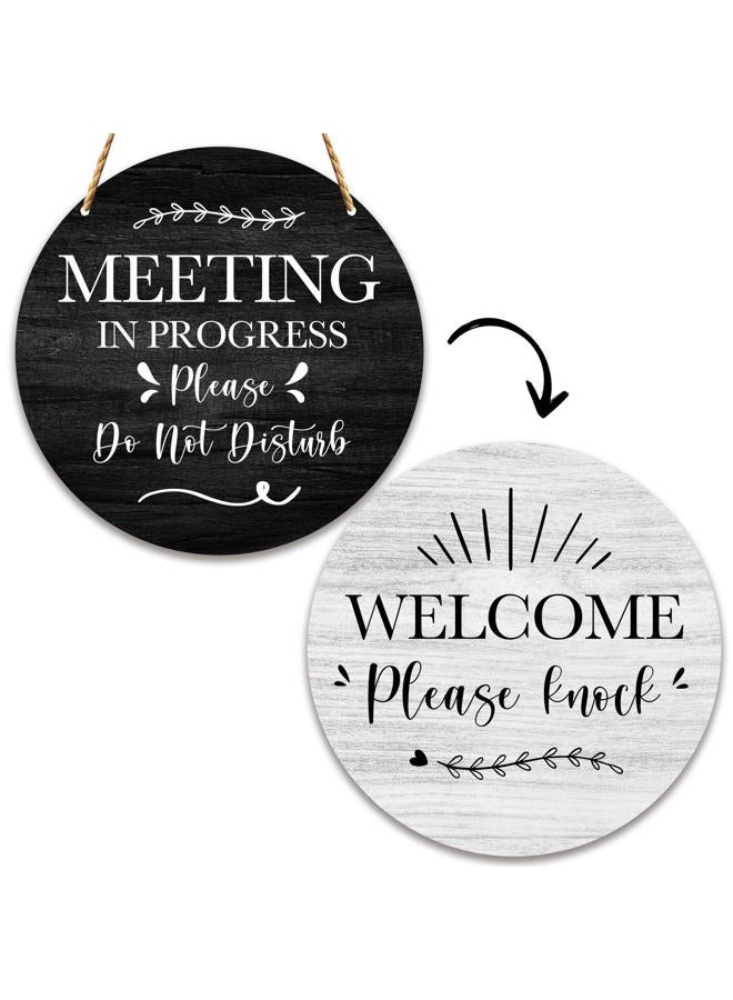 YQV Do Not Disturb Door Hanger Sign, Funny Office Decor Meeting in Progress Door Sign, Double Sided Welcome Door Sign for Cubicle Decor, 10 In Round Wooden Plaque -YMA03 - Image 1