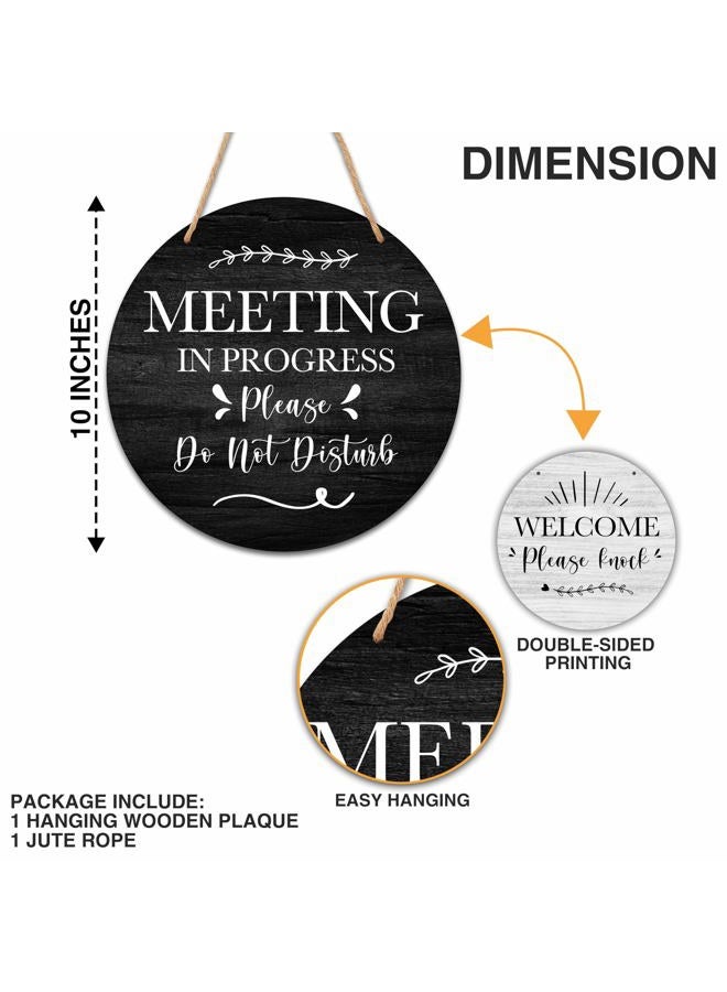 YQV Do Not Disturb Door Hanger Sign, Funny Office Decor Meeting in Progress Door Sign, Double Sided Welcome Door Sign for Cubicle Decor, 10 In Round Wooden Plaque -YMA03 - Image 2