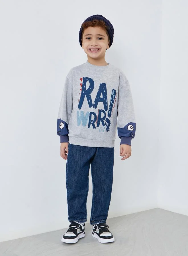 Styli Graphic Print Sweatshirt with Dino Sleeve Detail