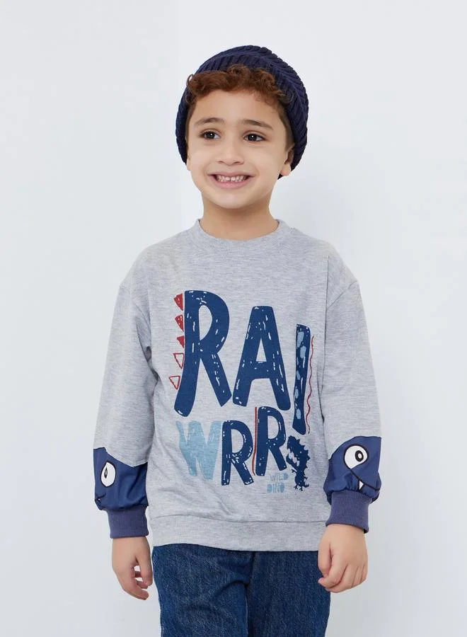 Styli Graphic Print Sweatshirt with Dino Sleeve Detail