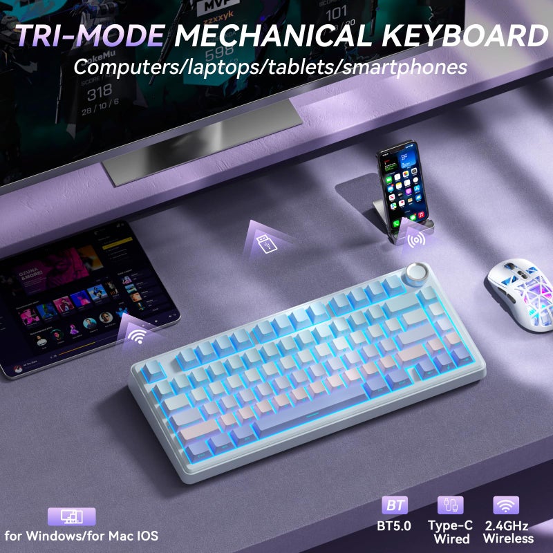 SOLAKAKA A75 75% Wireless Mechanical Keyboard, Hot Swappable Gaming Keyboard with Multifunction Knob & RGB, Gasket Mounted Creamy Keyboard, PBT Keycaps, Compact Layout for Win/Mac/PC - Image 3