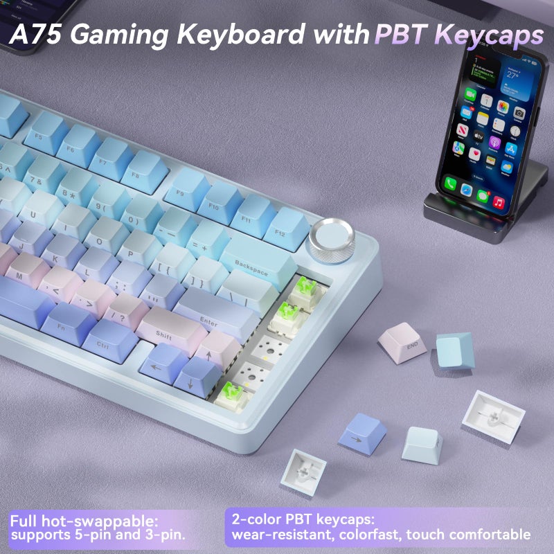 SOLAKAKA A75 75% Wireless Mechanical Keyboard, Hot Swappable Gaming Keyboard with Multifunction Knob & RGB, Gasket Mounted Creamy Keyboard, PBT Keycaps, Compact Layout for Win/Mac/PC - Image 4