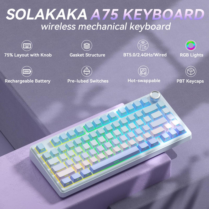 SOLAKAKA A75 75% Wireless Mechanical Keyboard, Hot Swappable Gaming Keyboard with Multifunction Knob & RGB, Gasket Mounted Creamy Keyboard, PBT Keycaps, Compact Layout for Win/Mac/PC - Image 2