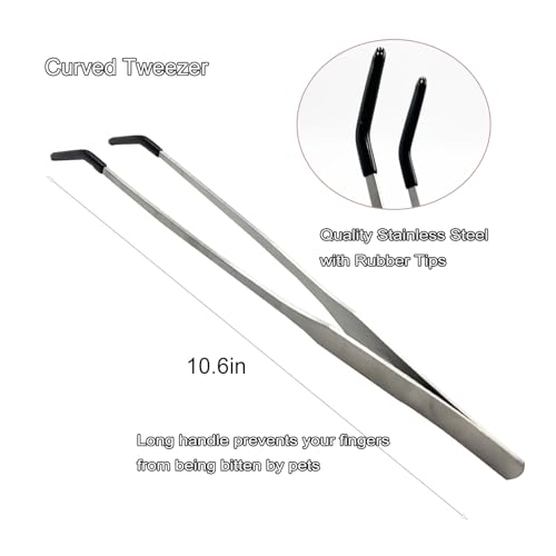 HRASY Stainless Steel Straight and Curved Tweezers Aquarium Tweezers with Rubber Tips Long Handle Reptile Feeding Tongs for Fish Tank Aquatic Plants, 2pcs, 10.6 Inch, Silver - Image 3