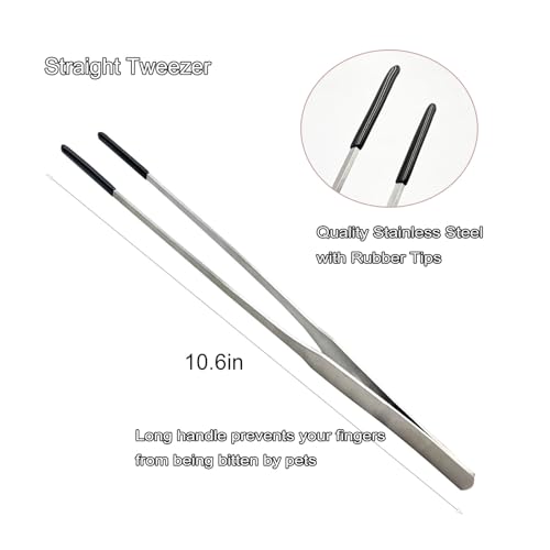 HRASY Stainless Steel Straight and Curved Tweezers Aquarium Tweezers with Rubber Tips Long Handle Reptile Feeding Tongs for Fish Tank Aquatic Plants, 2pcs, 10.6 Inch, Silver - Image 2