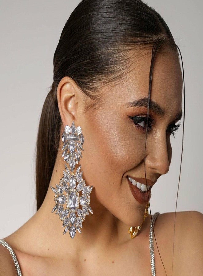 XSBODY Costume Silver Large Rhinestone Earrings Dangling Trendy Bling Oversized Statement Earrings For Women Formal (Gold) - Image 3