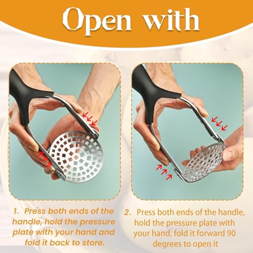 OLWICK Stainless Steel 27cm Long Foldable Potato Masher with PP Handle, Potato Masher for Mashed Potatoes, Vegetables, Fruits, Mud Pressing - Dishwasher Safe, Black, Pack of 1 - Image 5