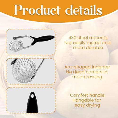 OLWICK Stainless Steel 27cm Long Foldable Potato Masher with PP Handle, Potato Masher for Mashed Potatoes, Vegetables, Fruits, Mud Pressing - Dishwasher Safe, Black, Pack of 1 - Image 3