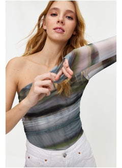 trendyol Khaki Patterned One-Shoulder Fitted/Situated Snaps Knitted Bodysuit TWOSS24BD00010  - Image 1