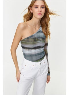 trendyol Khaki Patterned One-Shoulder Fitted/Situated Snaps Knitted Bodysuit TWOSS24BD00010  - Image 3