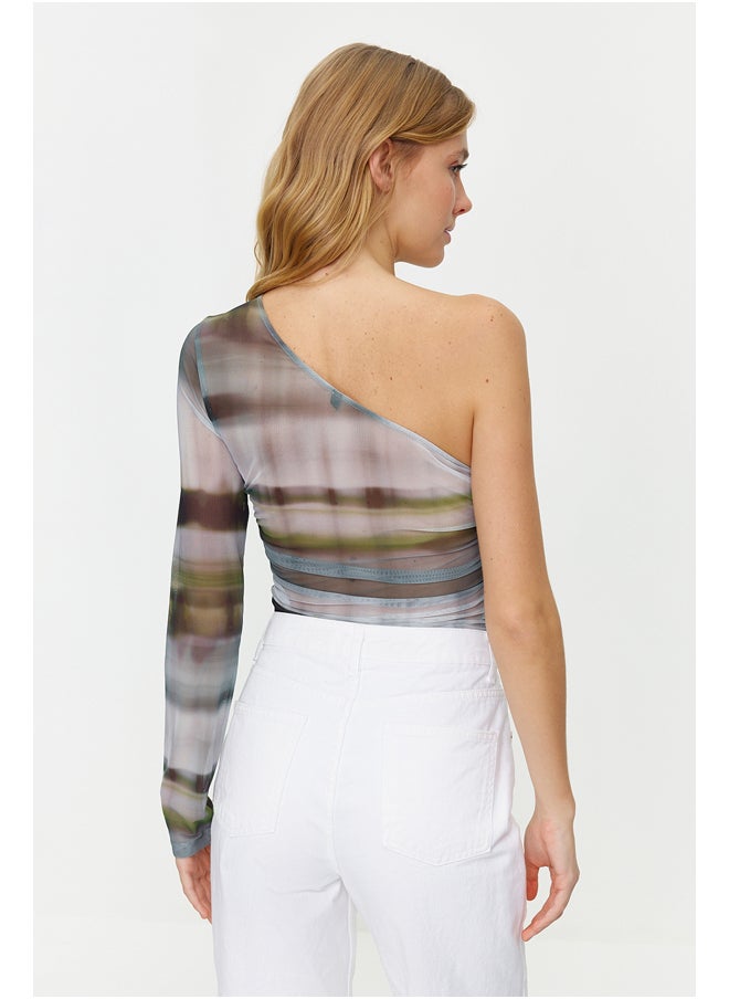trendyol - Khaki Patterned One-Shoulder Fitted/Situated Snaps Knitted Bodysuit TWOSS24BD00010 - Image 1
