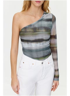 trendyol Khaki Patterned One-Shoulder Fitted/Situated Snaps Knitted Bodysuit TWOSS24BD00010  - Image 5