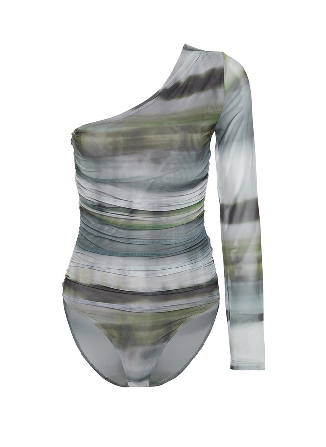 trendyol - Khaki Patterned One-Shoulder Fitted/Situated Snaps Knitted Bodysuit TWOSS24BD00010 - Image 1