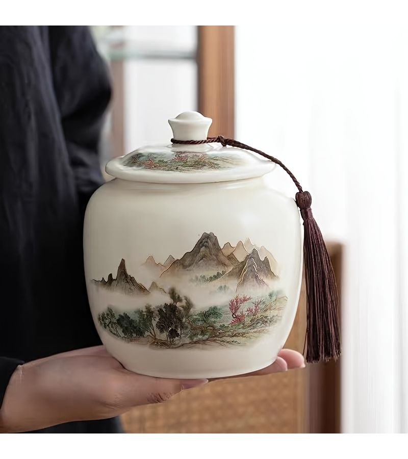 1 Ceramic Food Storage Jar With Mountain Walking Design Airtight Lid For Kitchen Pantry - Image 1