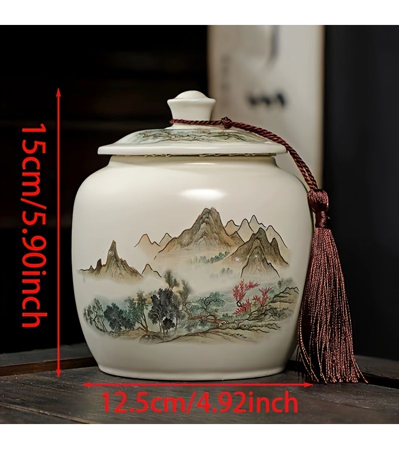 1 Ceramic Food Storage Jar With Mountain Walking Design Airtight Lid For Kitchen Pantry - Image 2