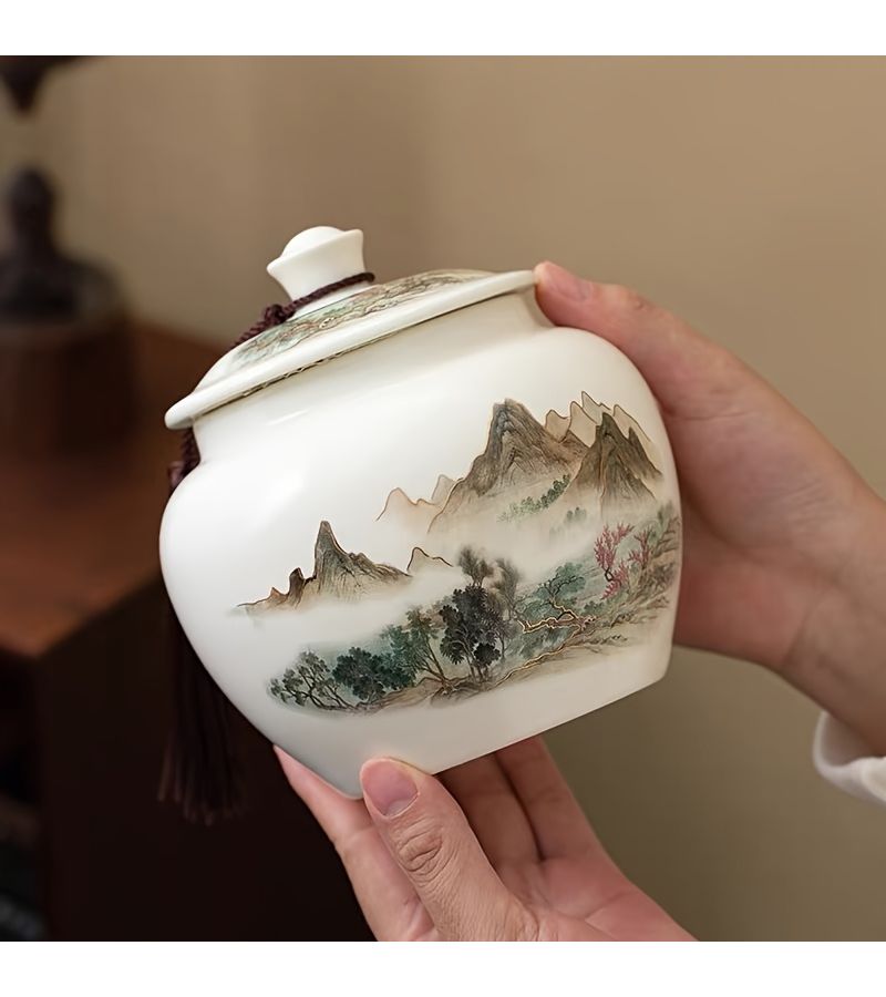 1 Ceramic Food Storage Jar With Mountain Walking Design Airtight Lid For Kitchen Pantry - Image 5