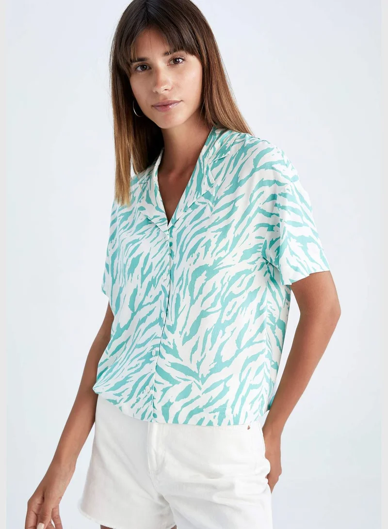 DeFacto Regular Fit Short Sleeve Palm Print Viscose Shirt