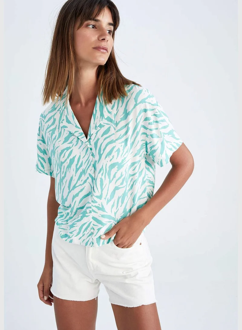 DeFacto Regular Fit Short Sleeve Palm Print Viscose Shirt