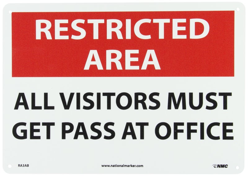 NMC RA3AB Security Sign, Legend "RESTRICTED AREA - ALL VISITORS MUST GET PASS AT OFFICE", 14" Length x 10" Height, Aluminum, Black/Red on White - Image 5