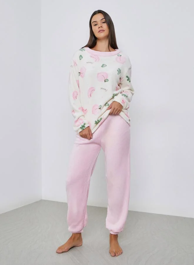 Styli Peach Print Fleece Top and Cuffed Pyjama Set