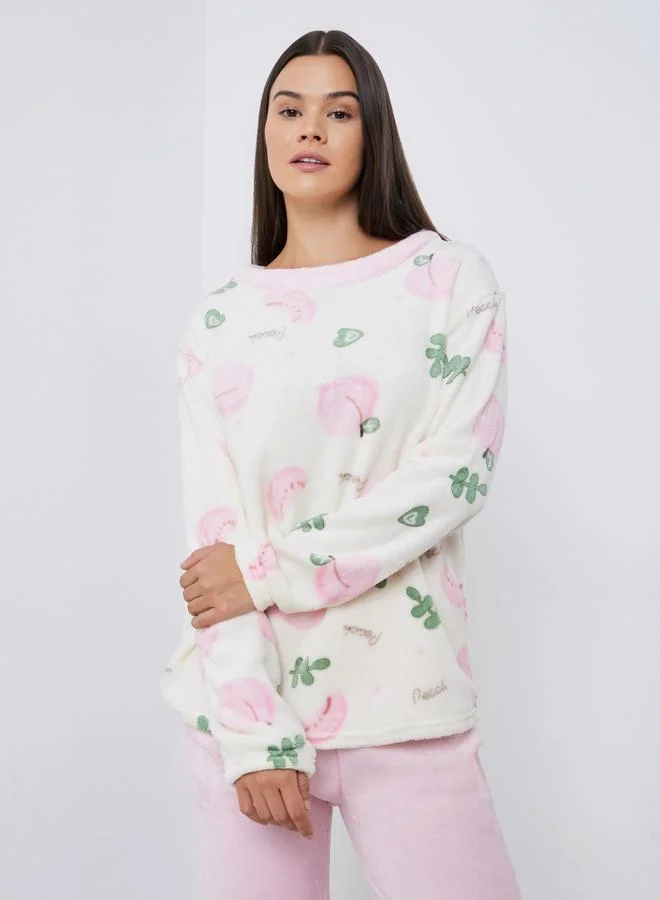 Styli Peach Print Fleece Top and Cuffed Pyjama Set