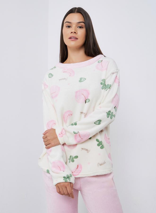 ستايلي طقم بيجاما من بنطال بأساور مع بلوزة فليس بطبعة خوخ - Image 2