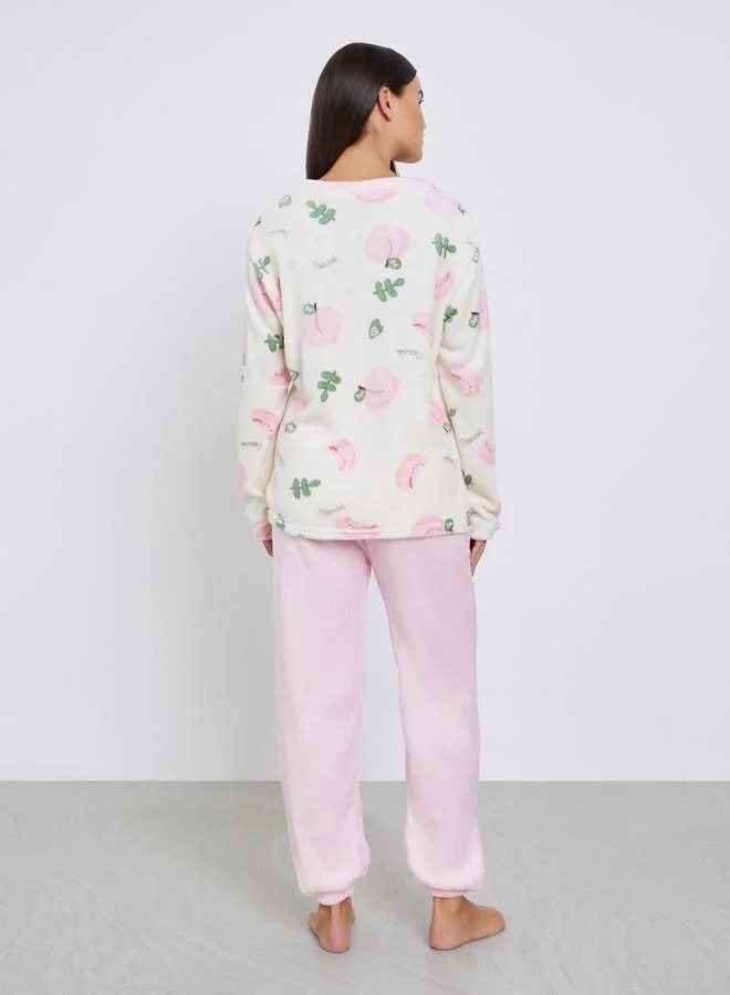 Styli Peach Print Fleece Top and Cuffed Pyjama Set