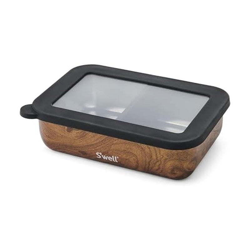 S'well Swell Stainless Steel Bento Box Teakwood Fits One Large Entree Or Small Entree And Snack Includes Removable Divider Leakproof Easy to Clean Dishwasher Safe - Image 2