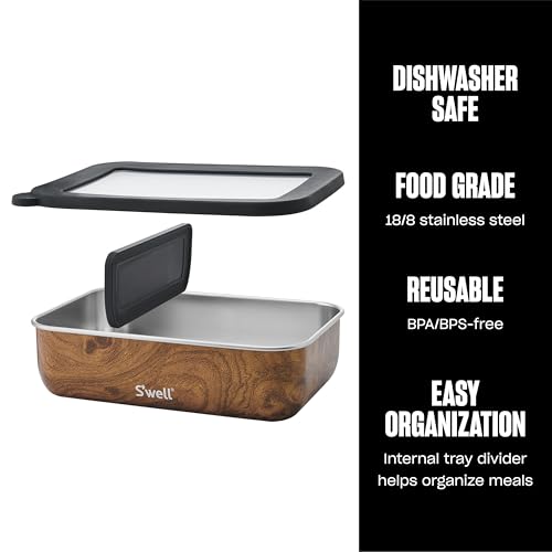S'well Swell Stainless Steel Bento Box Teakwood Fits One Large Entree Or Small Entree And Snack Includes Removable Divider Leakproof Easy to Clean Dishwasher Safe - Image 3
