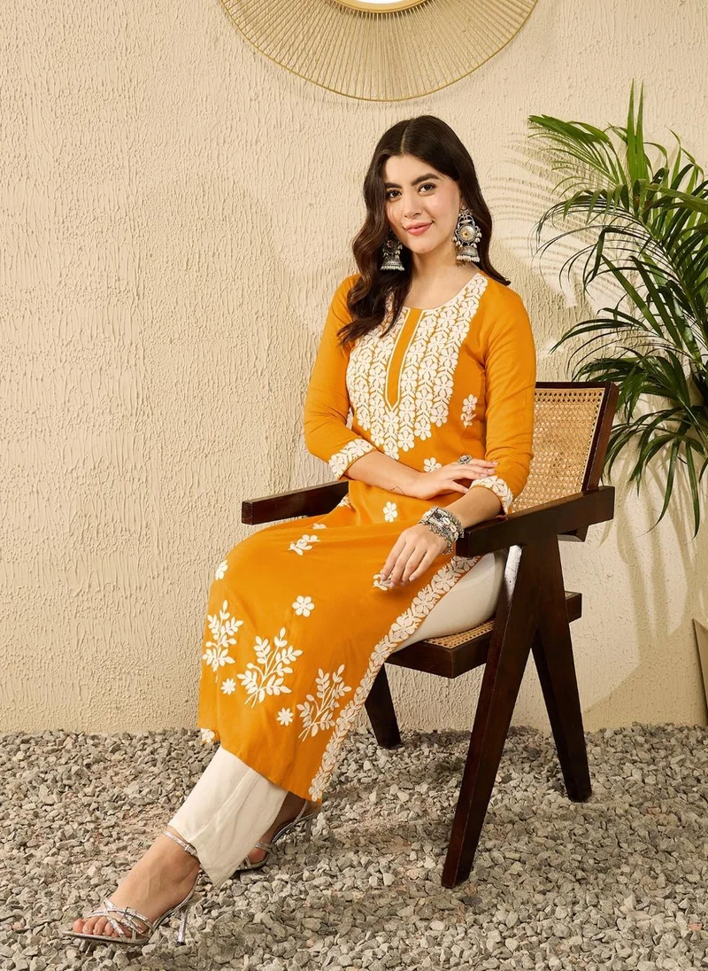 ZERESOUQ Yellow Viscose Rayon Solid Embroidered Straight Kurta