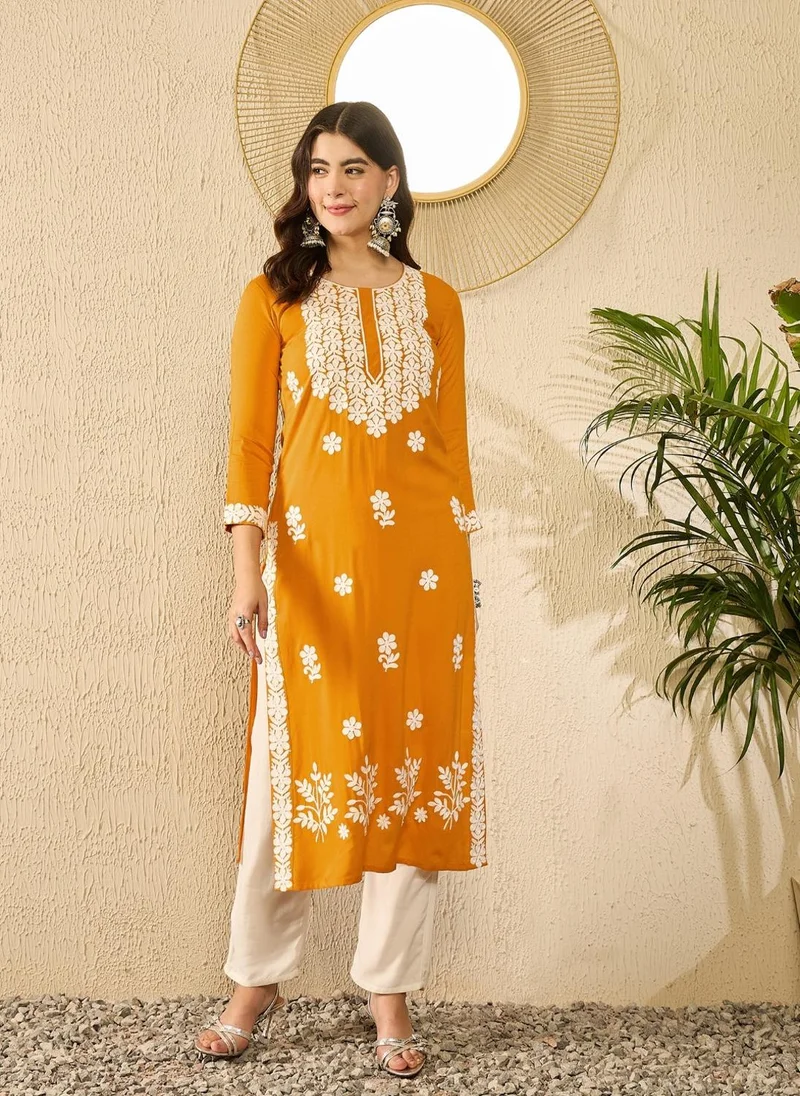 ZERESOUQ Yellow Viscose Rayon Solid Embroidered Straight Kurta