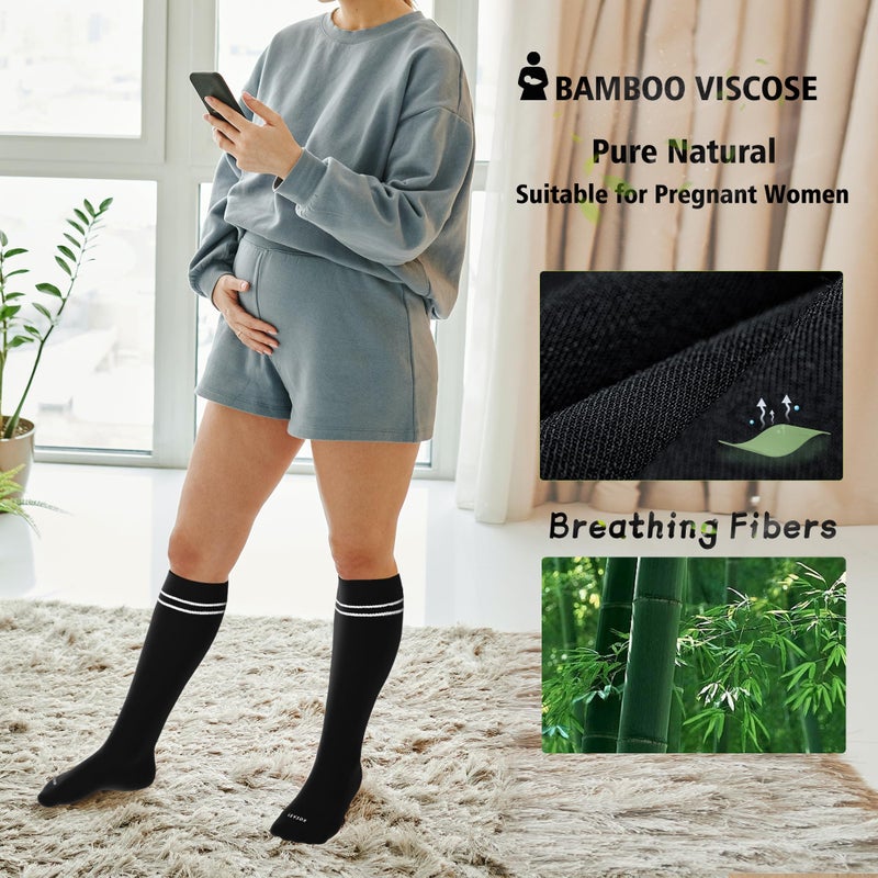 LEVSOX Viscose Made from Bamboo Compression Socks for Pregnant Women 20-30 mmHg Knee High Cute Funny Mens Supports Socks for Nurses, Medical, Travel and Flight, Black - Image 4