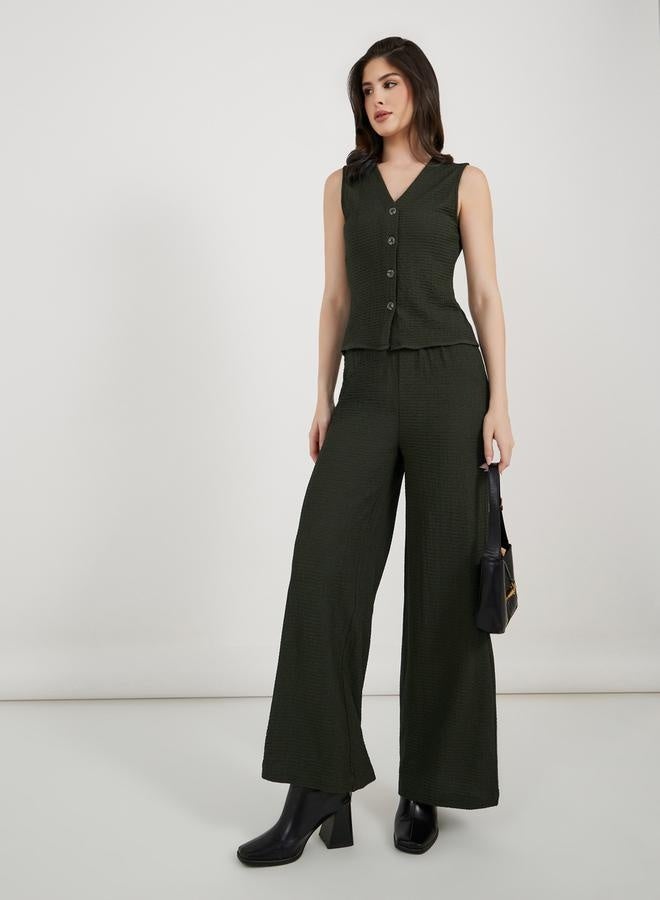 Styli Textured Wide Leg Pants with Elastic Waistband  - Image 1