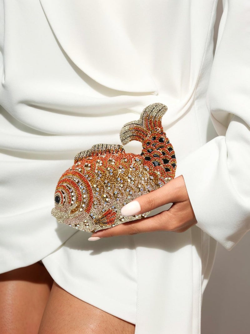 Tngan Women Mini Fish Clutch Luxury Rhinestones Purse Sparkling Banquet Handbag Wedding Party Clutch Bag, Gold Orange - Image 3