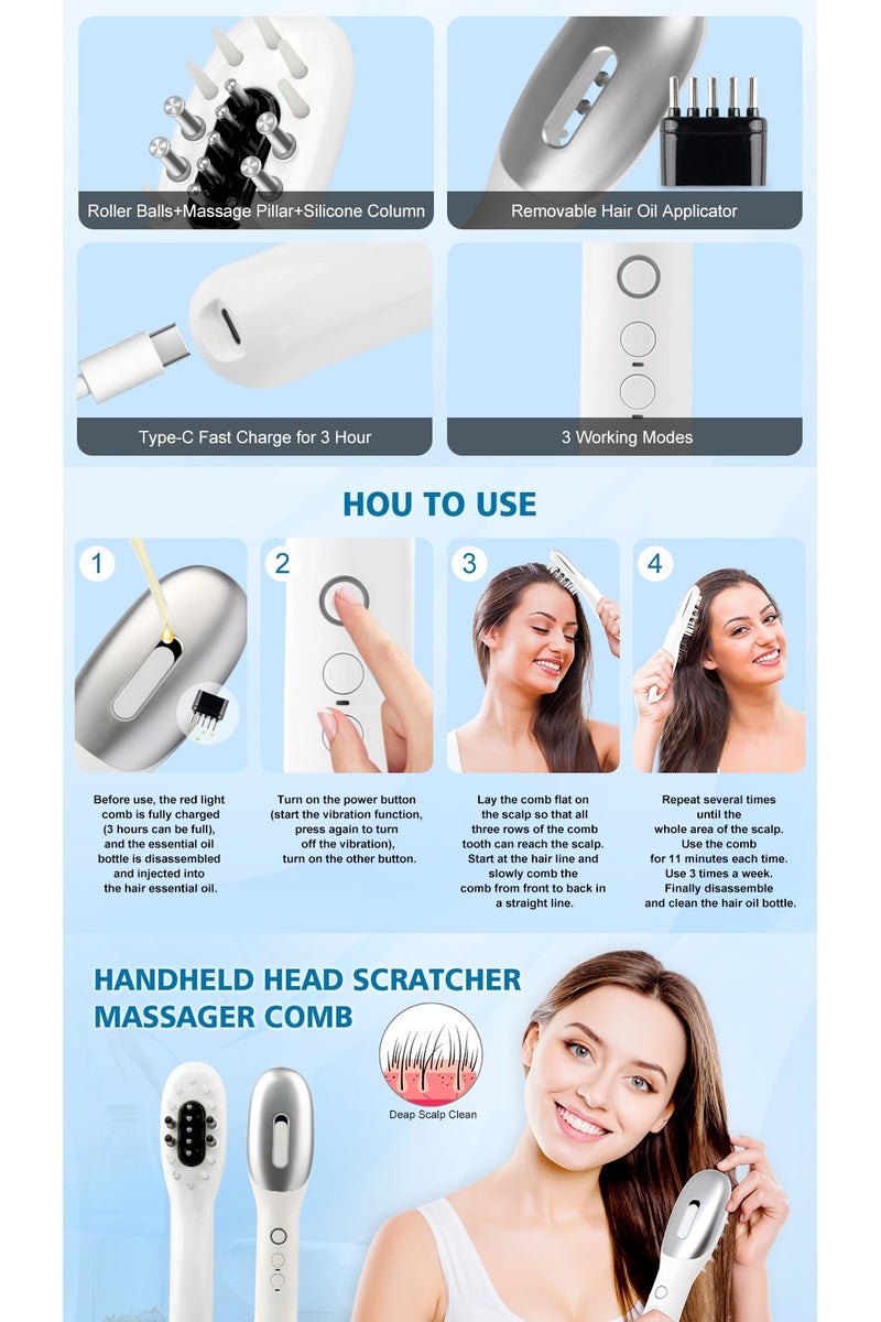 جهاز تدليك فروة الرأس الكهربائي اللاسلكي 3 في 1 للسفر والاستخدام المنزلي، أداة توزيع زيت الشعر لفروة الرأس مع موزع مانع للتنقيط، فرشاة شعر محمولة - Image 2