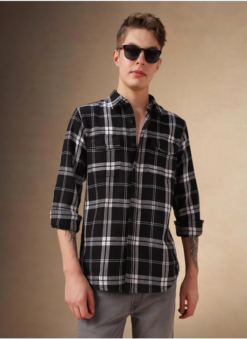 دينيس لينغو Men's Black 100% Cotton Checkered Shirt