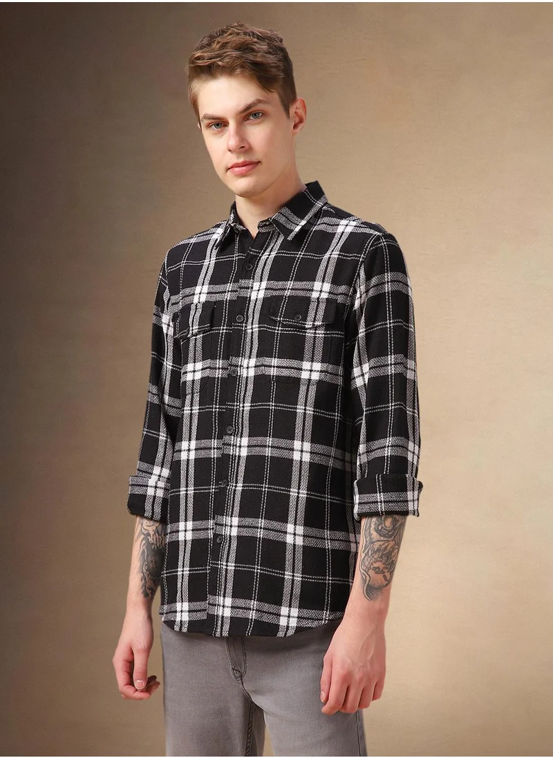 دينيس لينغو Men's Black 100% Cotton Checkered Shirt