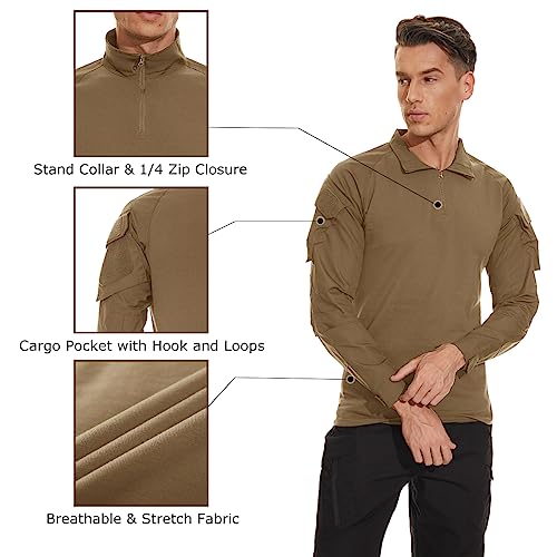 TACVASEN Combat Shirt for Men Long Sleeve Tactical Shirt 1/4 Zip with Pockets Military Pullover Ripstop Army Training Security Paintball Brown M - Image 5